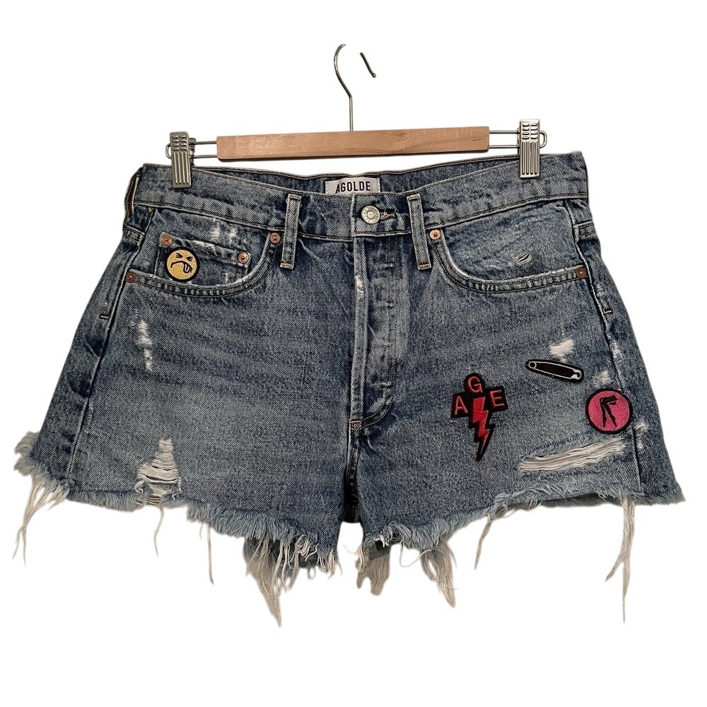 Agolde Women's Distressed Parker Shorts Sz 27 Cut Off Vintage Button Fly Patches